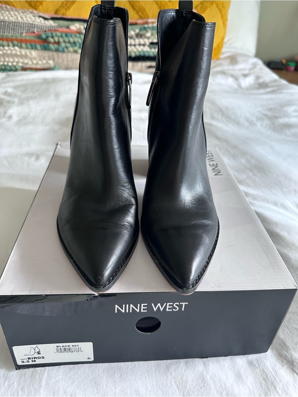 Nine West Black Pointed Leather Booties with Side Zip